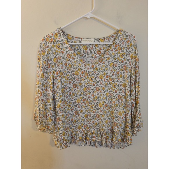 Cynthia Rowley Sz Med. Fall Floral Top 3/4  Bell Sleeves Flowy Ruffle Peplum Top - Picture 1 of 8
